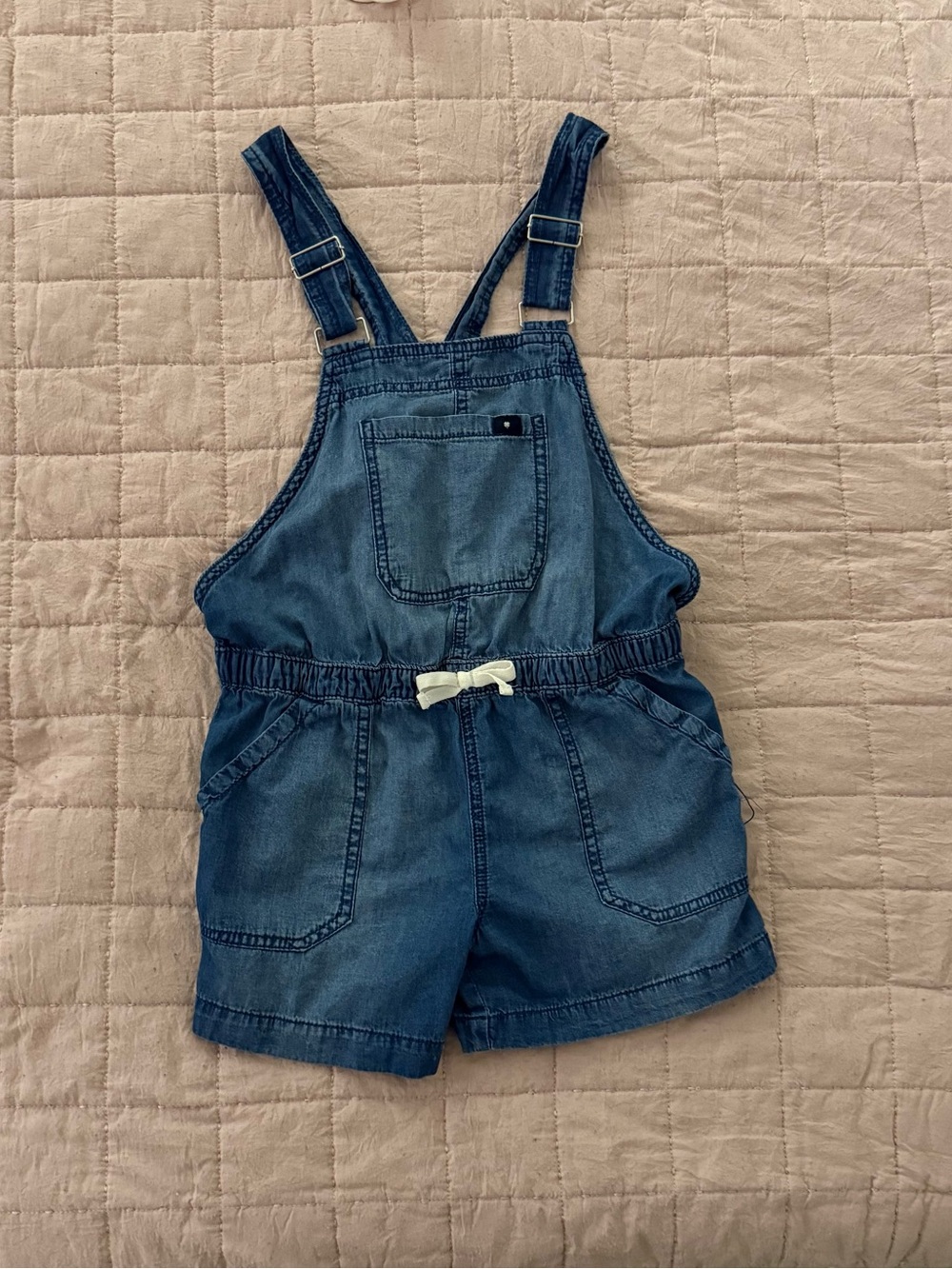 Lucky Brand Denim Blue Short Overalls with Cream Bow